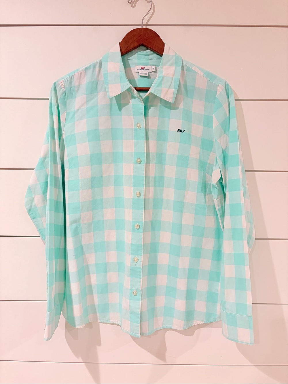 Vineyard Vines Aqua Gingham Button Down Shirt 12 Coastal Preppy Cottagecore